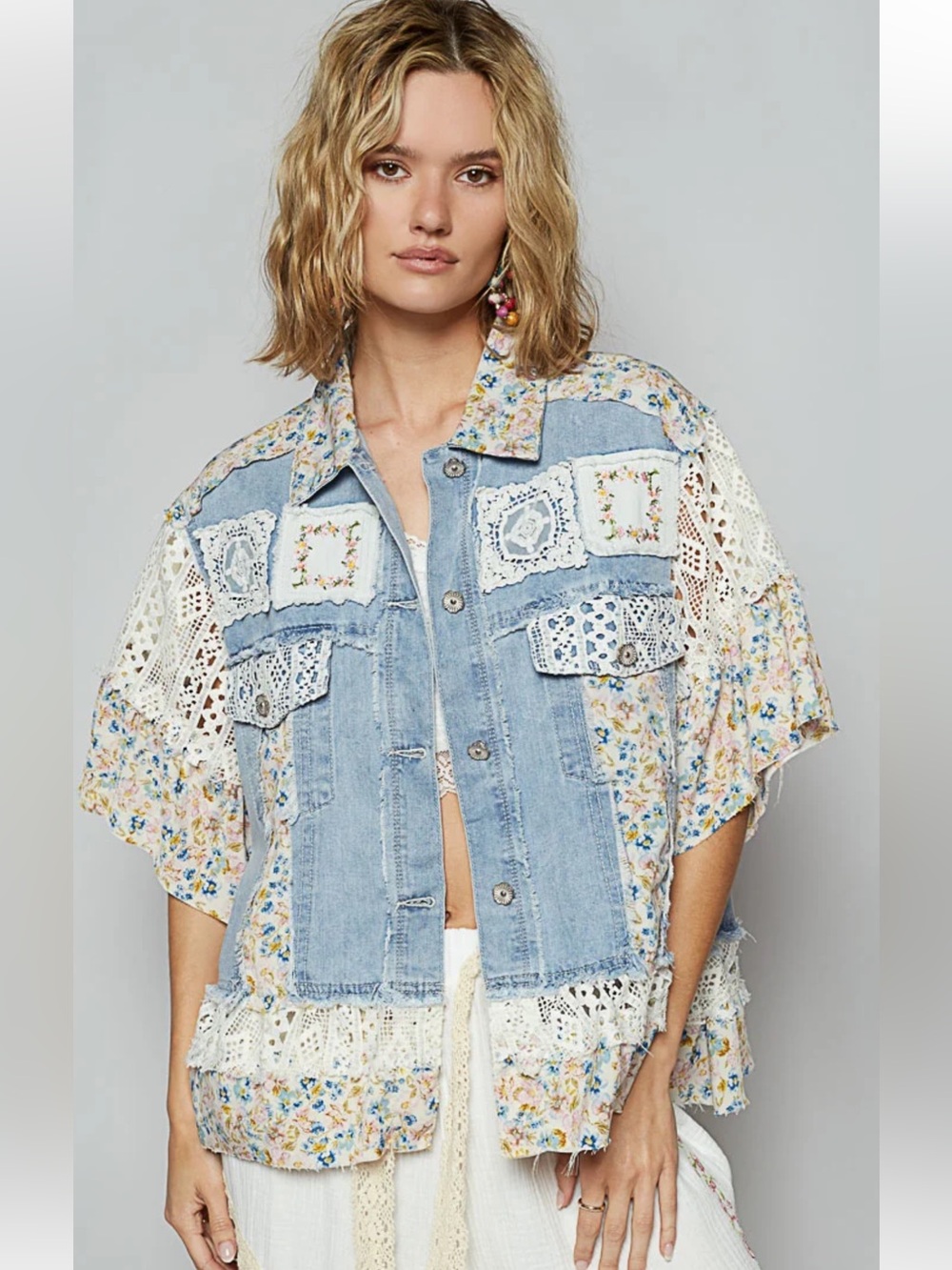 51. NWT POL Patchwork Light Blue Denim Jacket with Cream Lace & Floral Accents